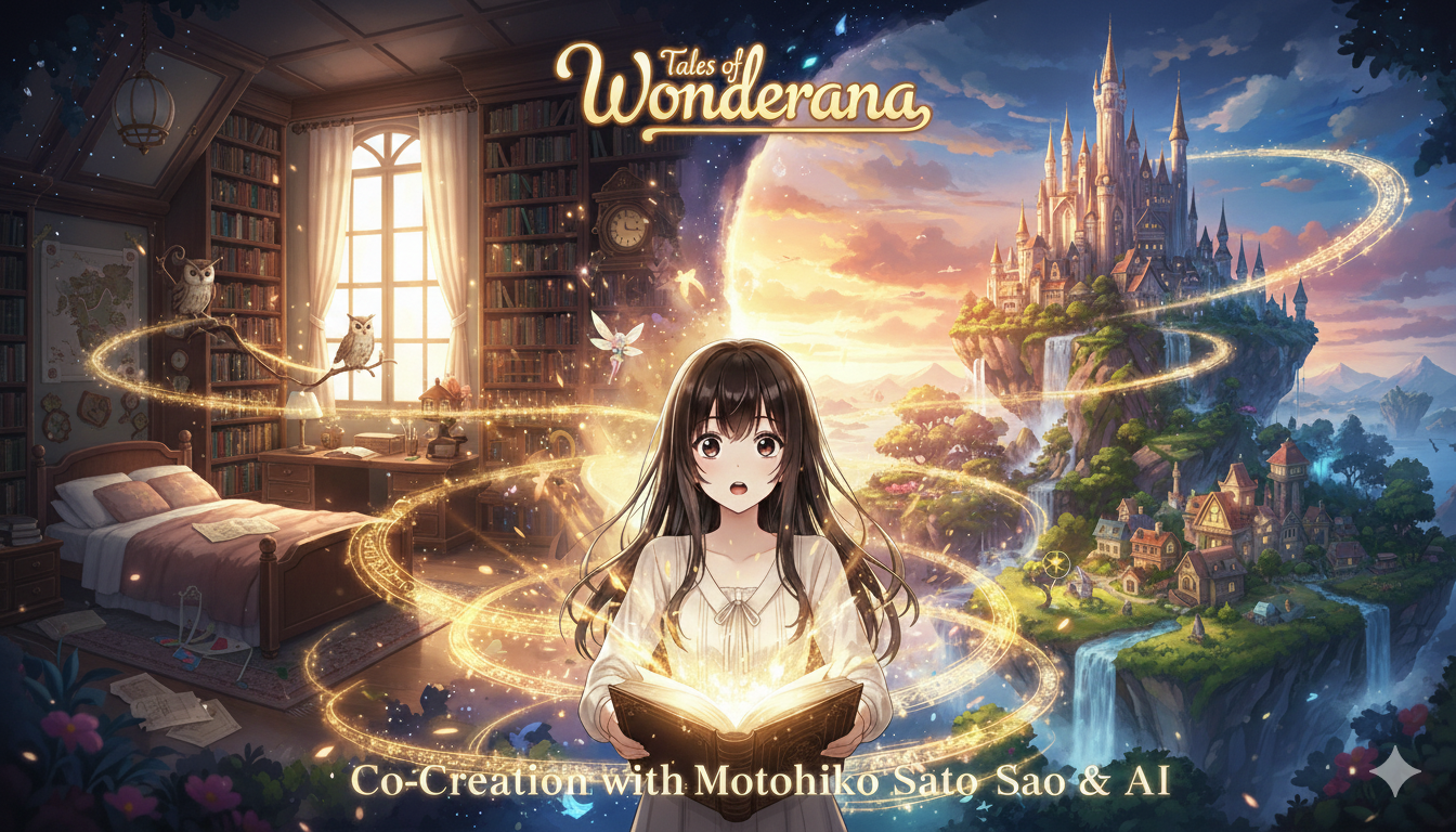Magical scene with a girl holding a glowing book leading to a fantasy castle